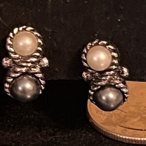 Silver and Black Double Pearl Earrings